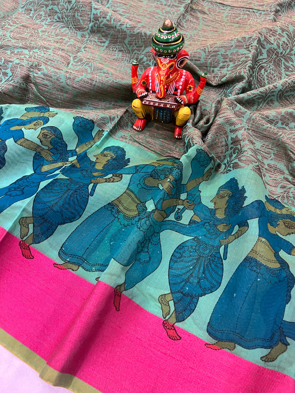 Green Banarasi Handloom Art Cotton Printed Saree - Aura Benaras