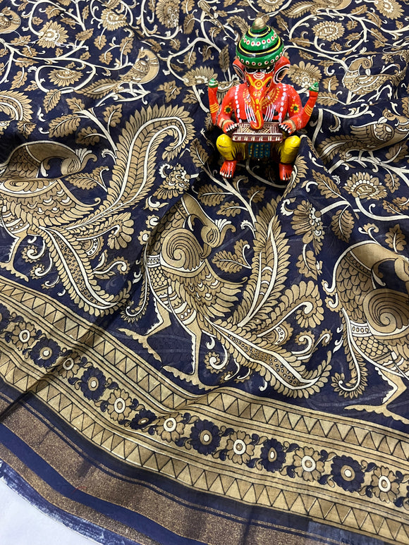 Navy Blue Handloom Mul Cotton Printed Saree - Aura Benaras