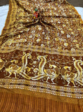 Brownish Mustard Handloom Mul Cotton Printed Saree - Aura Benaras