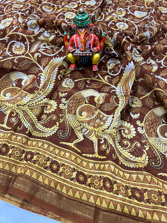 Brownish Mustard Handloom Mul Cotton Printed Saree - Aura Benaras