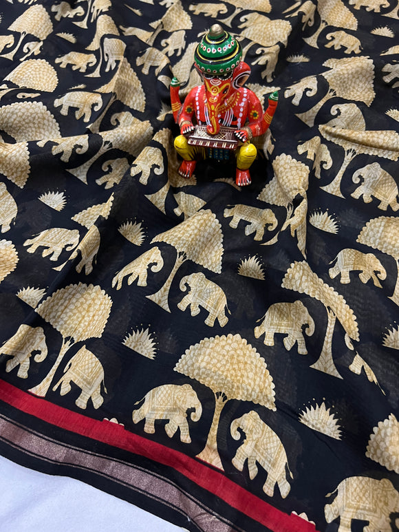 Black Handloom Mul Cotton Printed Saree - Aura Benaras