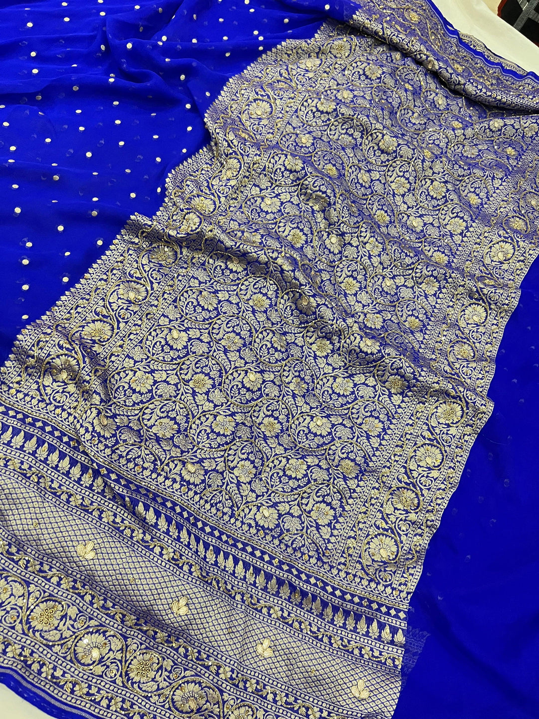 Royal Blue Pure Banarasi Khaddi Georgette Saree - Aura Benaras