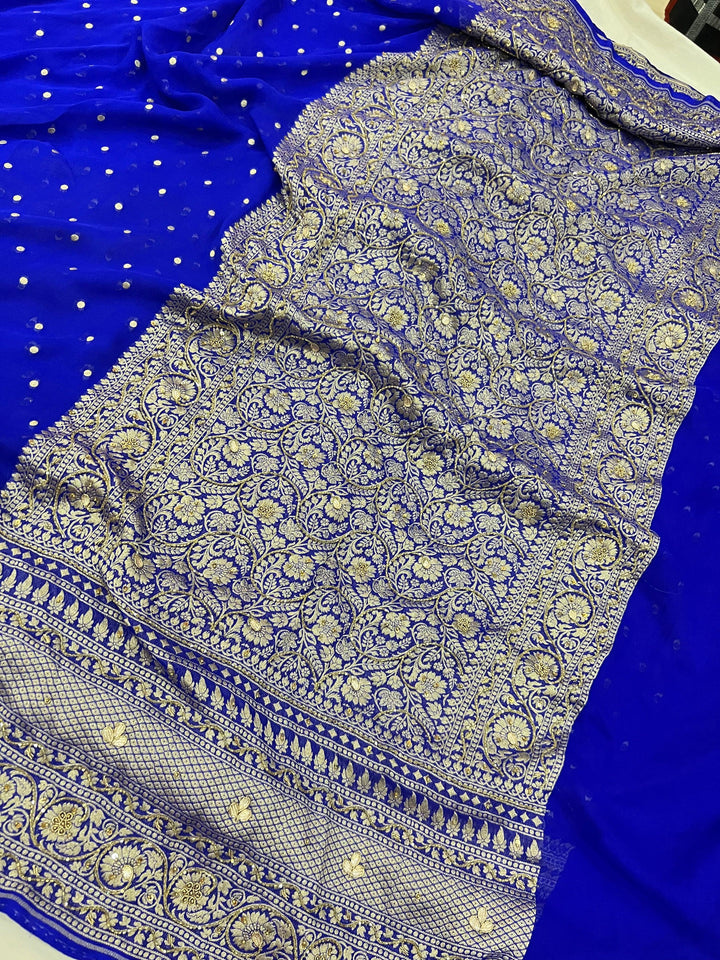 Royal Blue Pure Banarasi Khaddi Georgette Saree - Aura Benaras