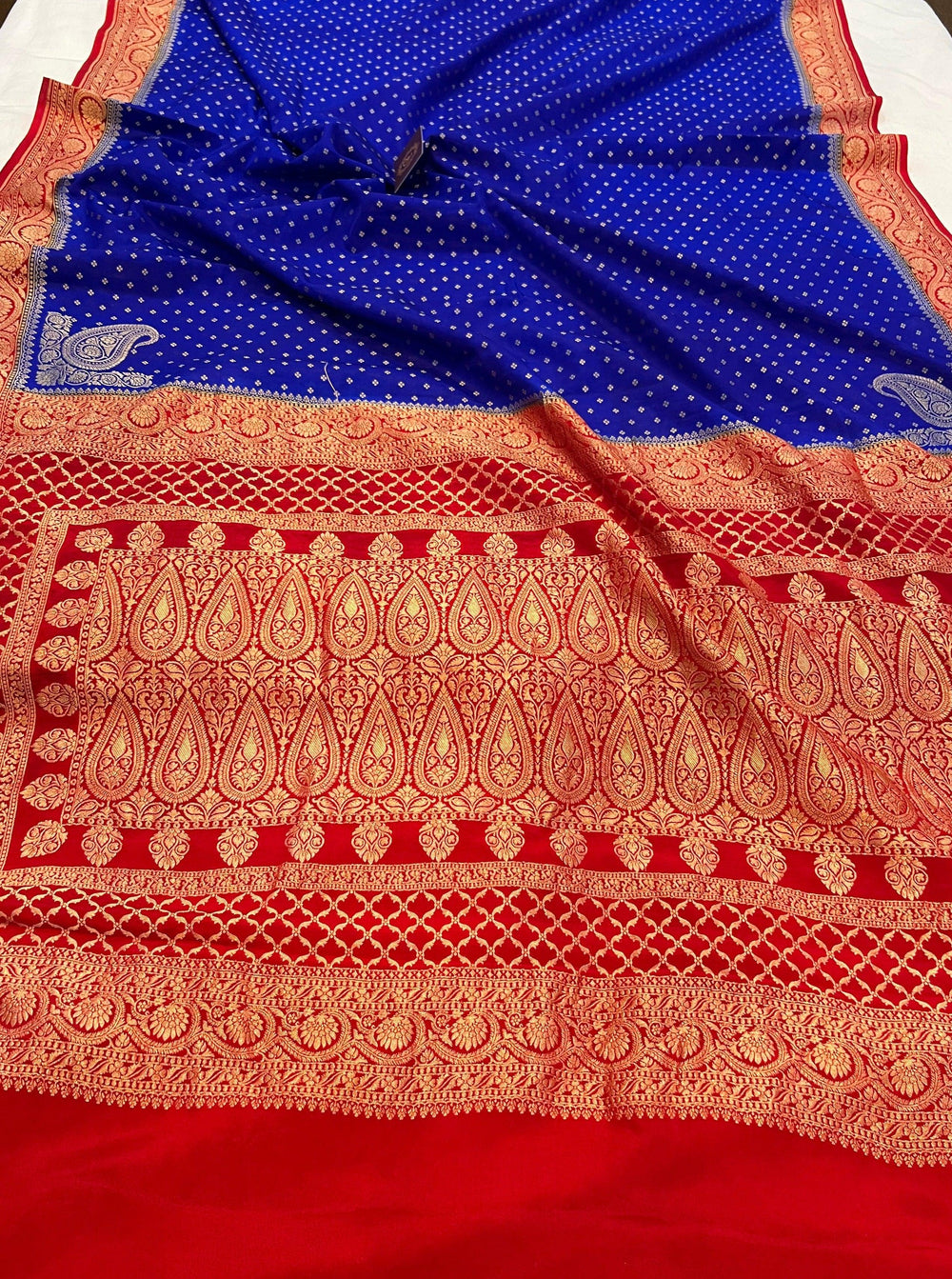 Royal Blue Pure Banarasi Khaddi Crepe Silk Saree - Aura Benaras