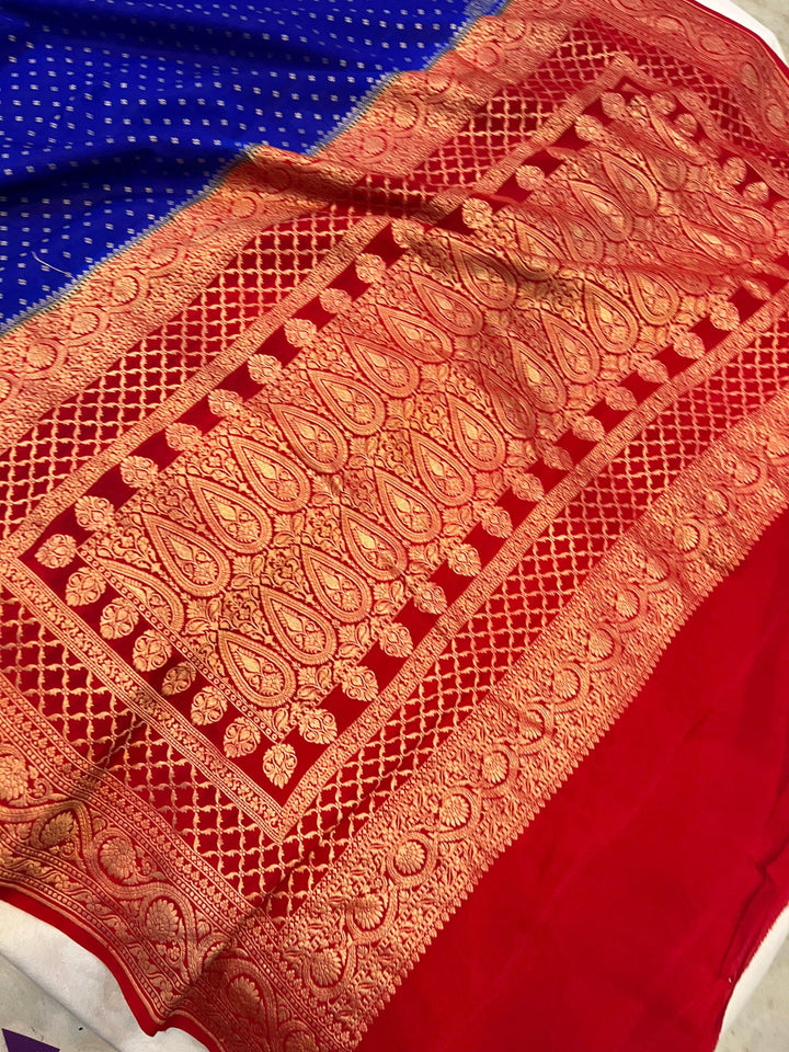 Royal Blue Pure Banarasi Khaddi Crepe Silk Saree - Aura Benaras