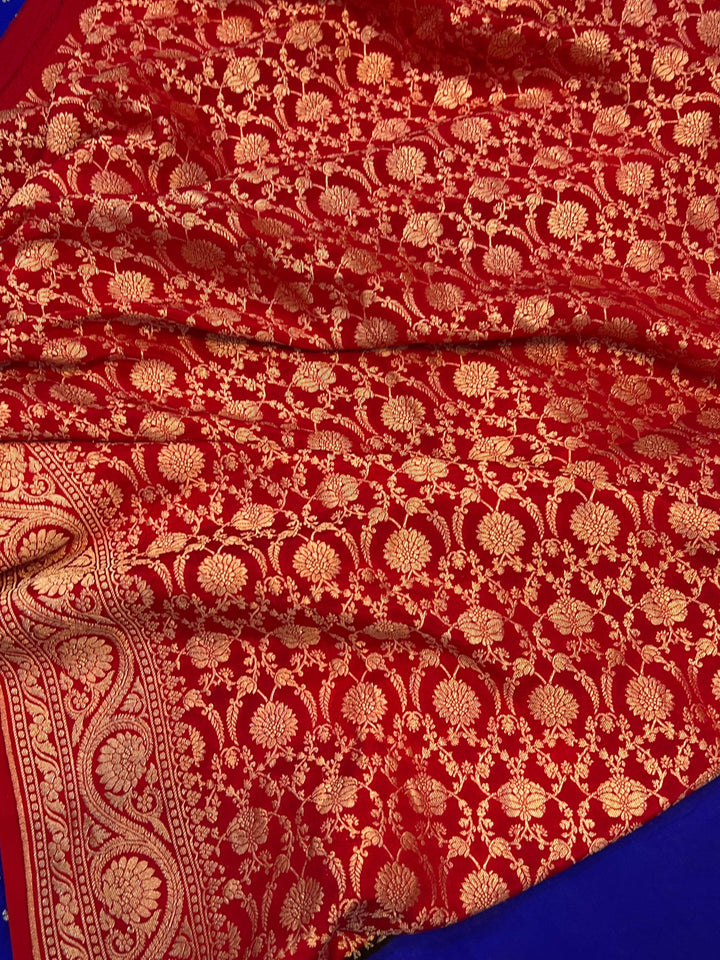 Royal Blue Pure Banarasi Khaddi Crepe Silk Saree - Aura Benaras