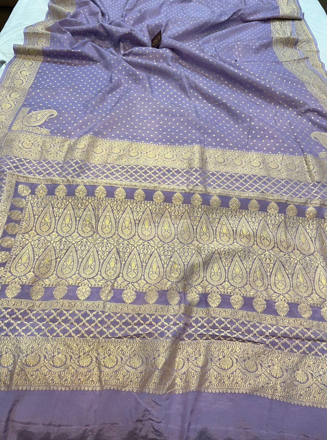 Pastel Lavender Pure Banarasi Khaddi Crepe Silk Saree - Aura Benaras