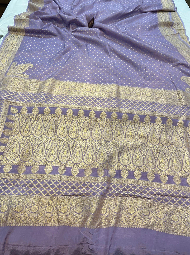 Pastel Lavender Pure Banarasi Khaddi Crepe Silk Saree - Aura Benaras