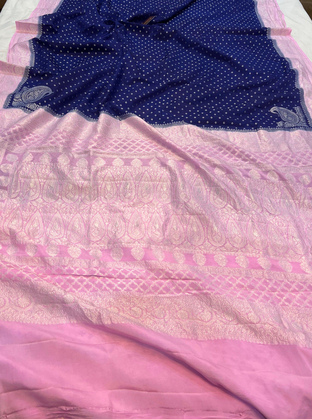 Navy Blue Pure Banarasi Khaddi Crepe Silk Saree - Aura Benaras