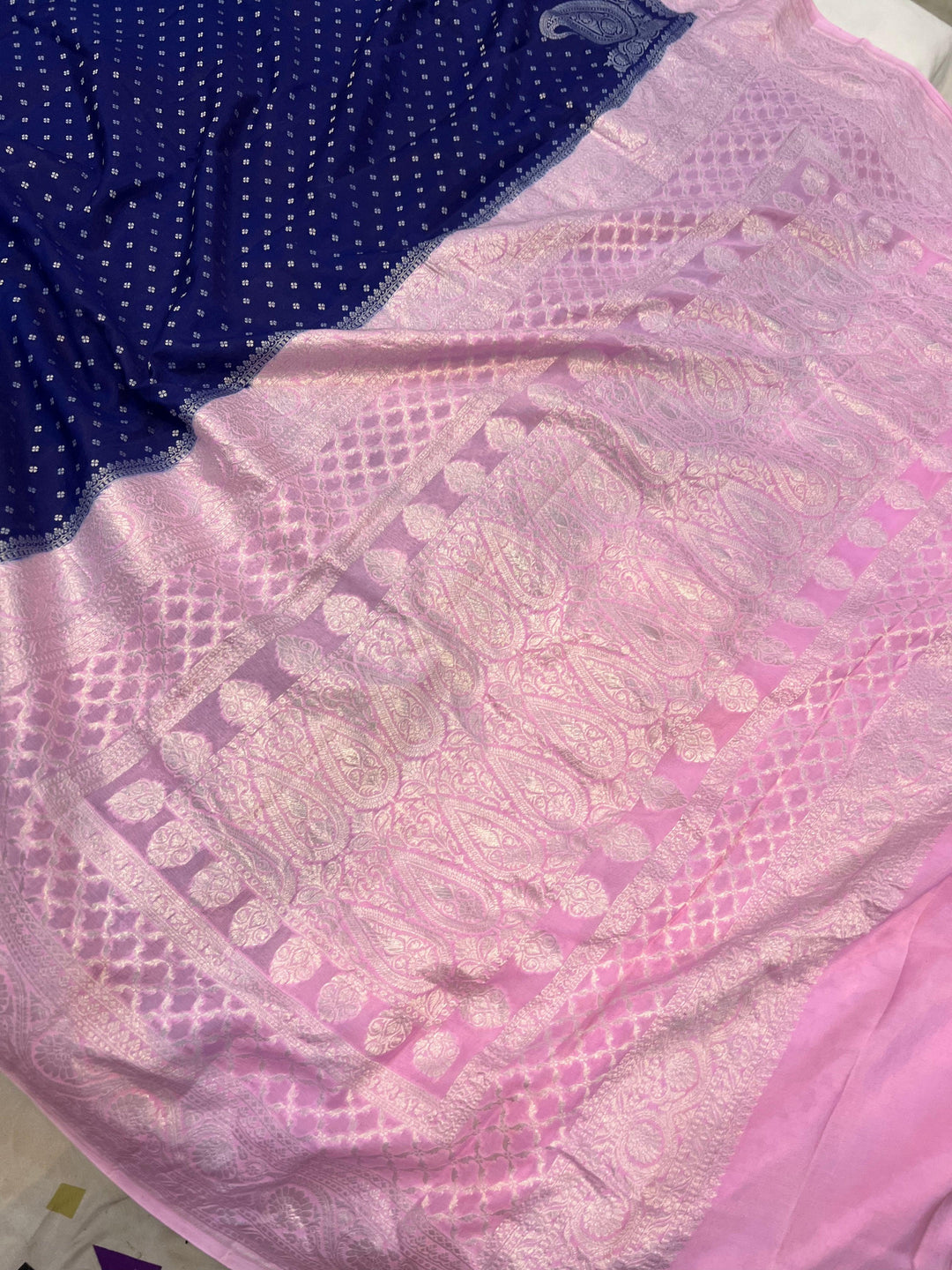 Navy Blue Pure Banarasi Khaddi Crepe Silk Saree - Aura Benaras