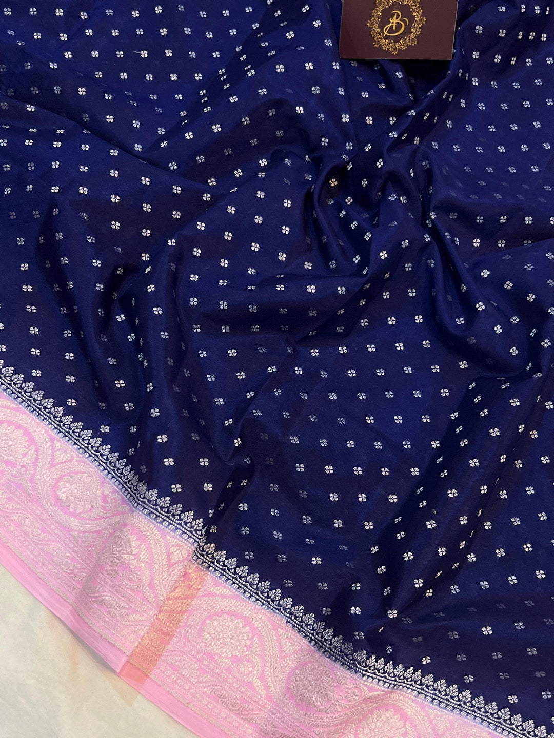 Navy Blue Pure Banarasi Khaddi Crepe Silk Saree - Aura Benaras