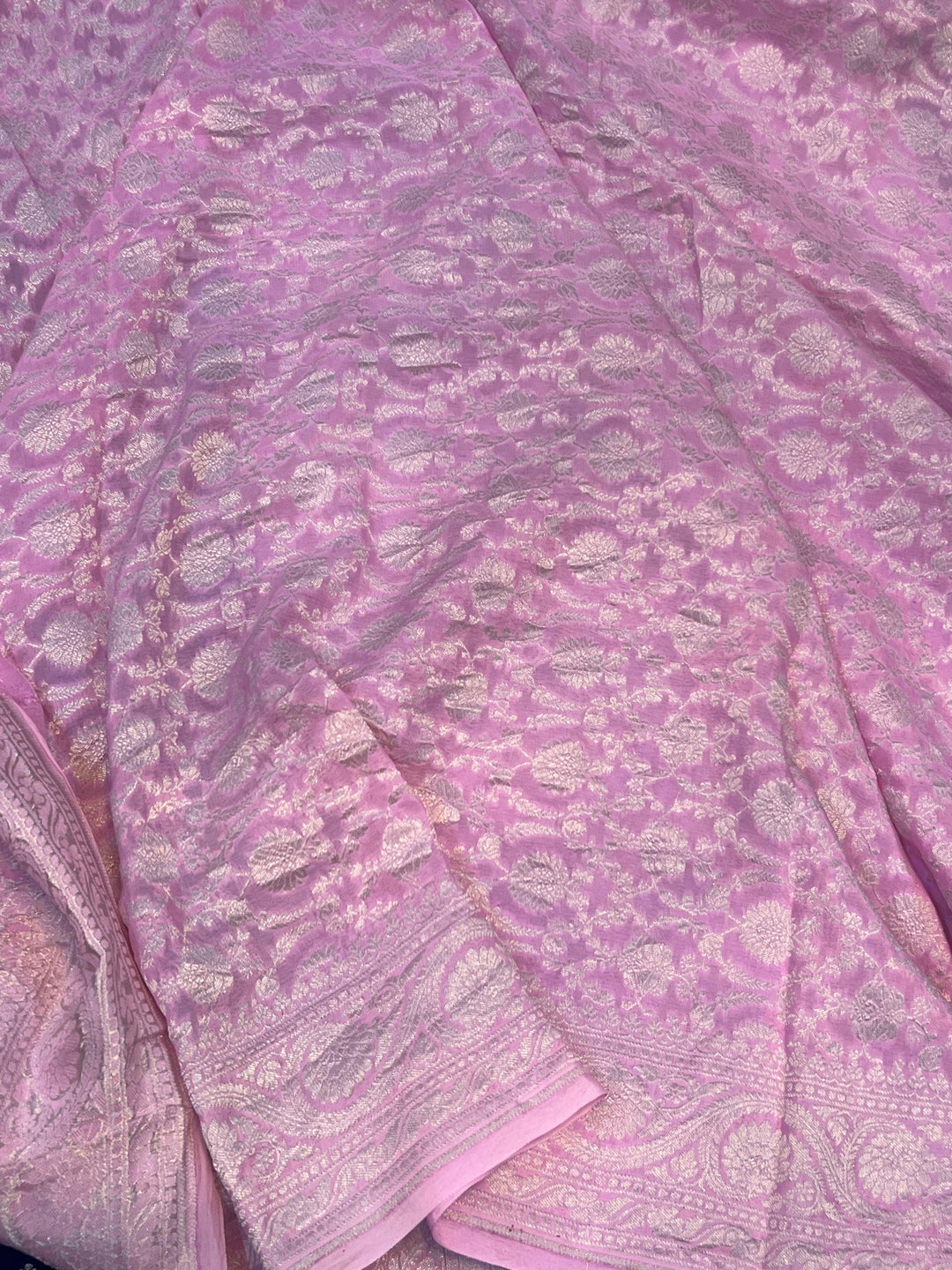 Navy Blue Pure Banarasi Khaddi Crepe Silk Saree - Aura Benaras