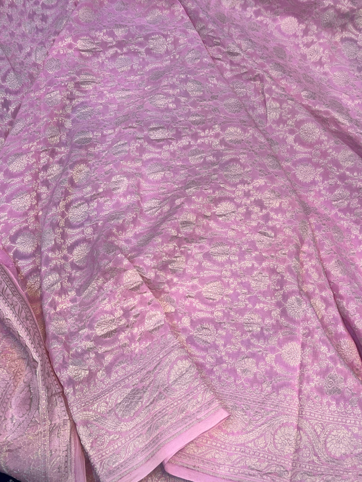 Navy Blue Pure Banarasi Khaddi Crepe Silk Saree - Aura Benaras