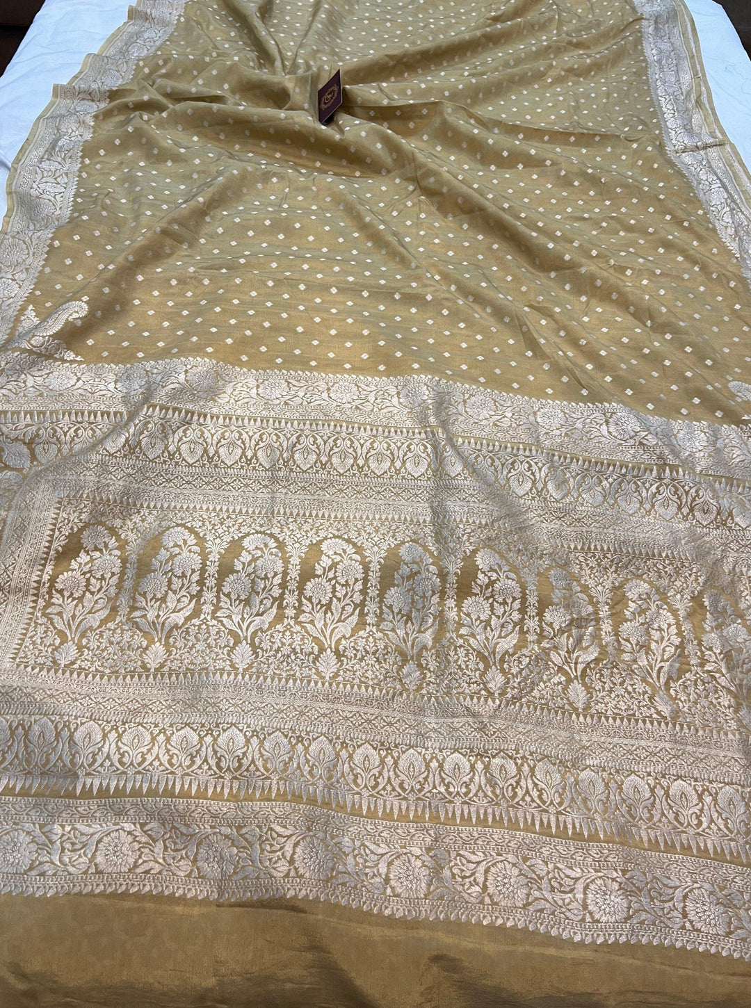 Beige Pure Banarasi Khaddi Crepe Silk Saree - Aura Benaras