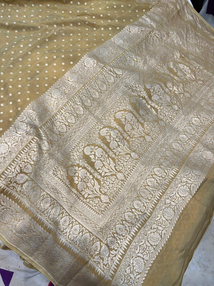 Beige Pure Banarasi Khaddi Crepe Silk Saree - Aura Benaras