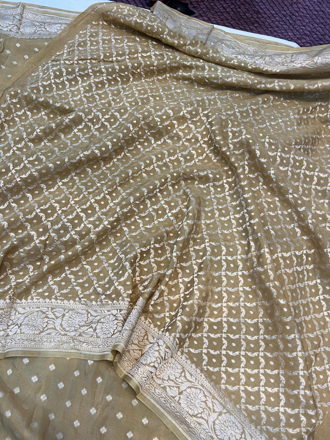 Beige Pure Banarasi Khaddi Crepe Silk Saree - Aura Benaras