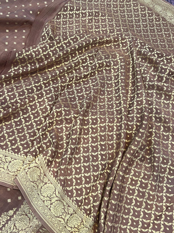 Pastel Brown Pure Banarasi Khaddi Crepe Silk Saree - Aura Benaras