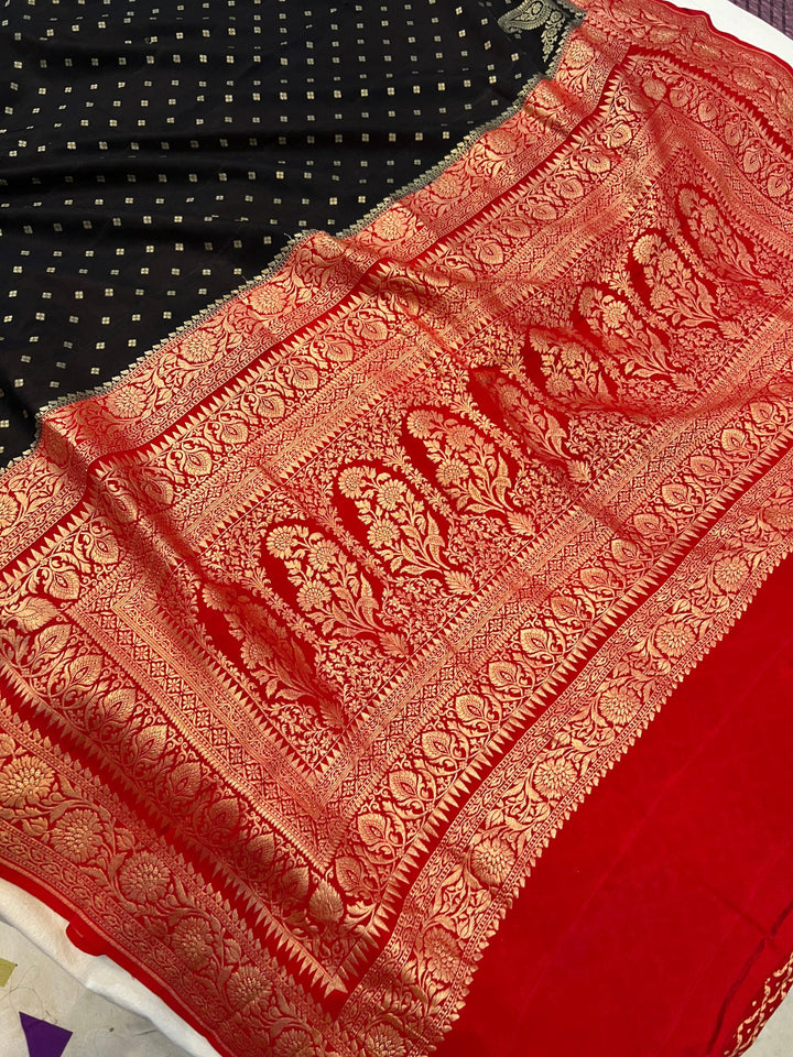 Black Pure Banarasi Khaddi Crepe Silk Saree - Aura Benaras