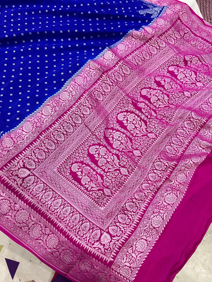 Royal Blue Pure Banarasi Khaddi Crepe Silk Saree - Aura Benaras