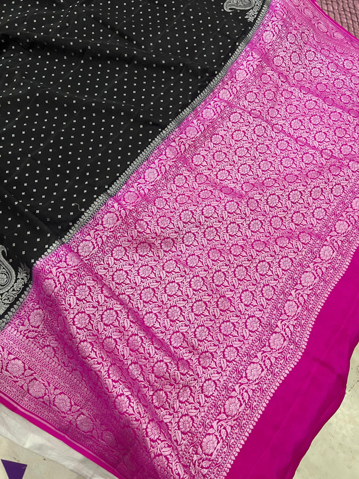 Black Pure Banarasi Khaddi Crepe Silk Saree - Aura Benaras