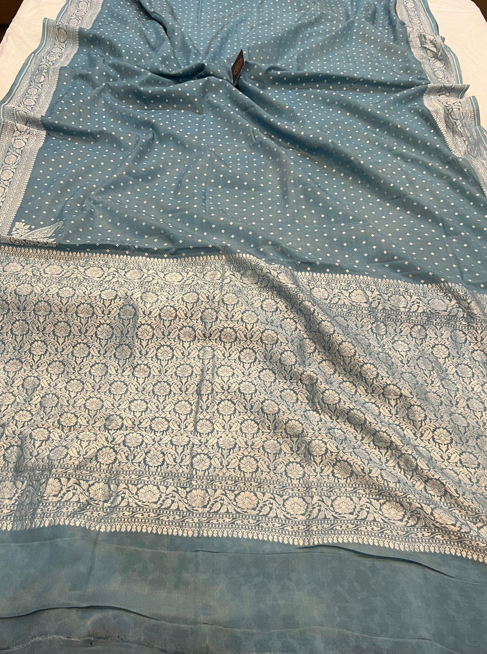 Pastel Blue Pure Banarasi Khaddi Crepe Silk Saree - Aura Benaras