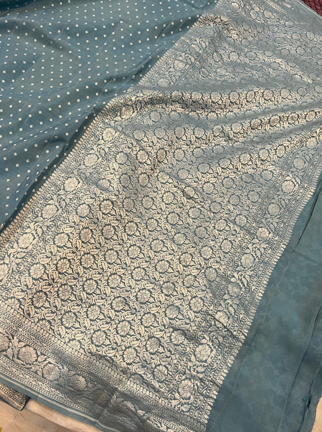 Pastel Blue Pure Banarasi Khaddi Crepe Silk Saree - Aura Benaras