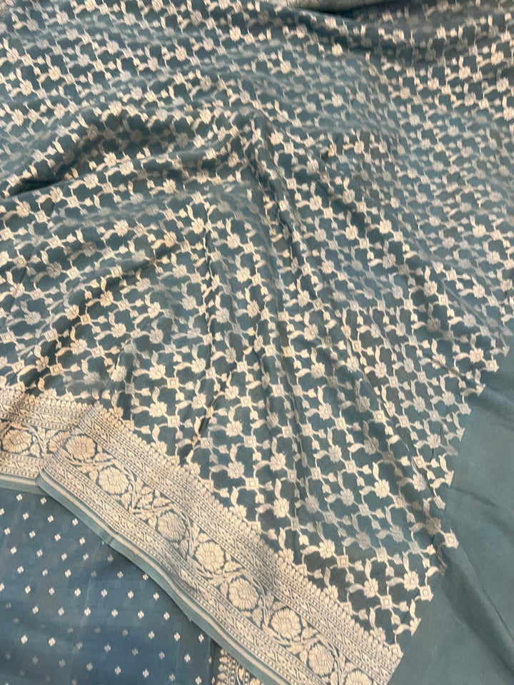 Pastel Blue Pure Banarasi Khaddi Crepe Silk Saree - Aura Benaras