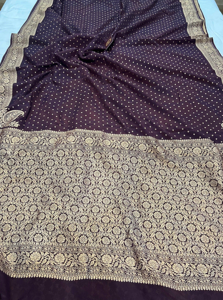 Coffee Brown Pure Banarasi Khaddi Crepe Silk Saree - Aura Benaras