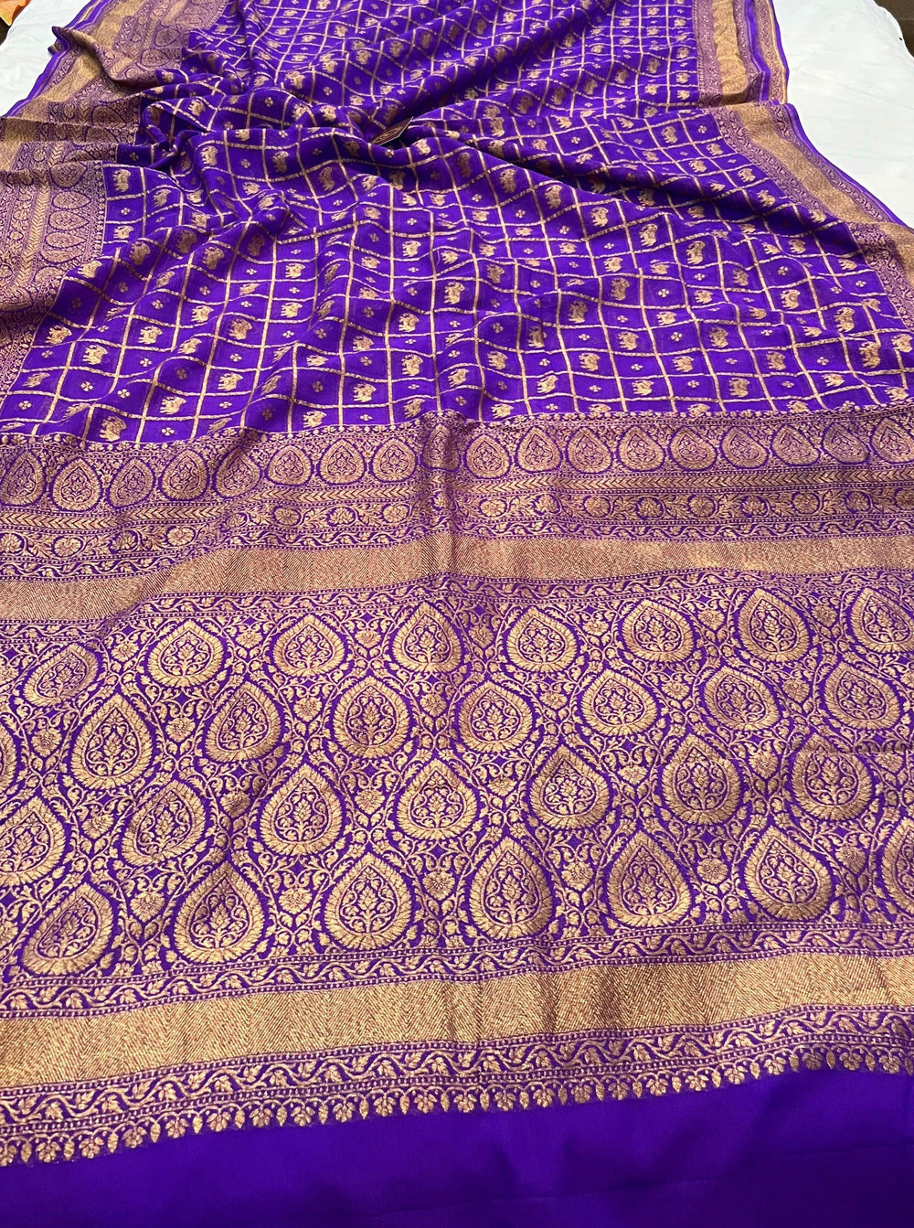 Purple Banarasi Handloom Pure Khaddi Georgette Saree - Aura Benaras