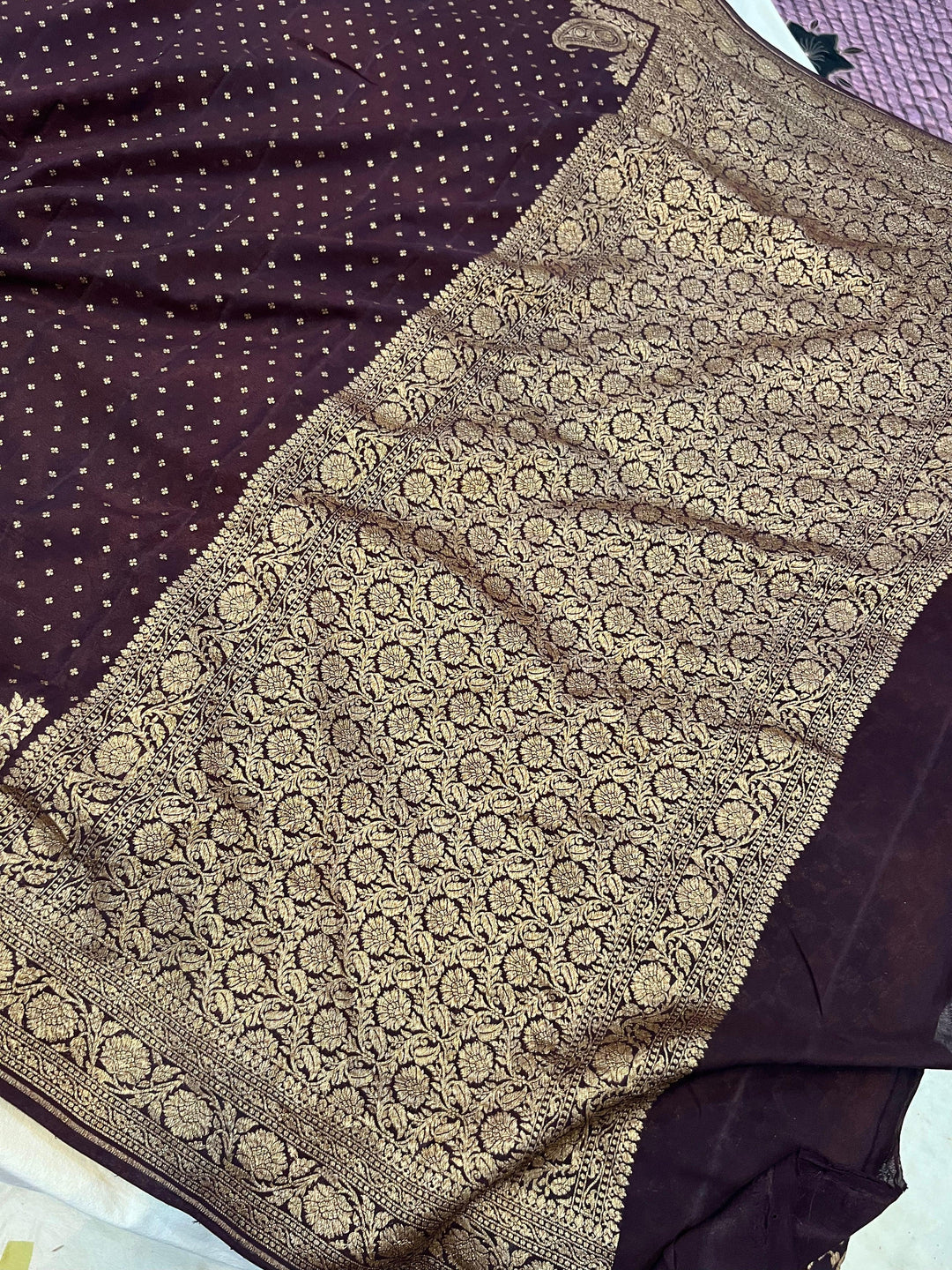 Coffee Brown Pure Banarasi Khaddi Crepe Silk Saree - Aura Benaras