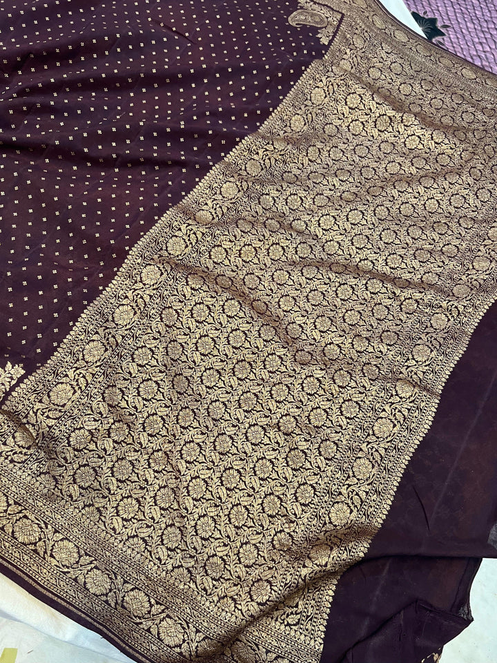Coffee Brown Pure Banarasi Khaddi Crepe Silk Saree - Aura Benaras