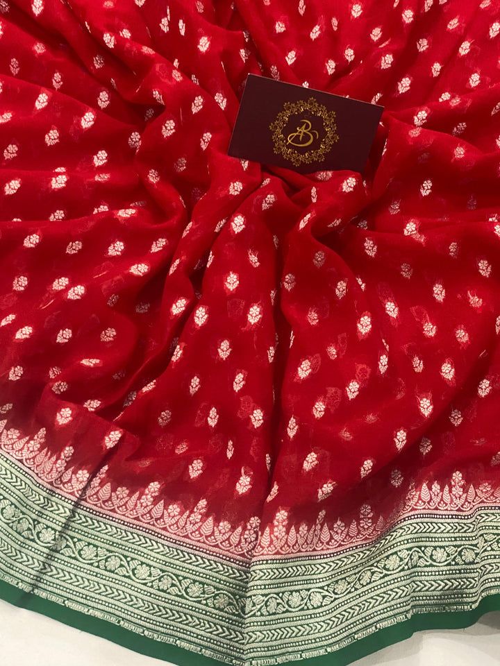 Red Banarasi Handloom Pure Georgette Saree - Aura Benaras