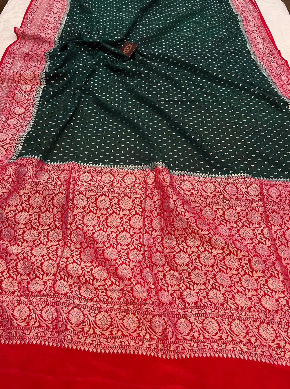 Bottle Green Pure Banarasi Khaddi Crepe Silk Saree - Aura Benaras