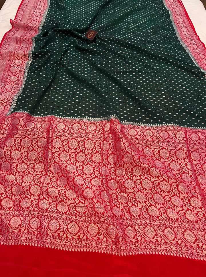 Bottle Green Pure Banarasi Khaddi Crepe Silk Saree - Aura Benaras