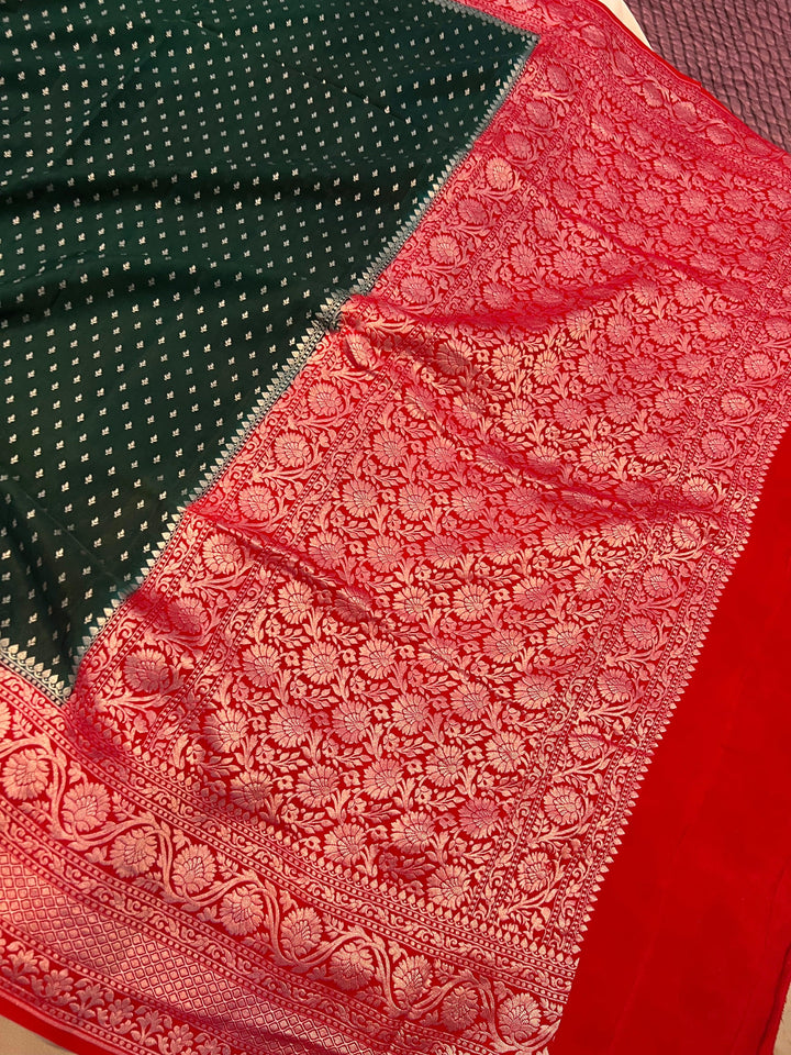 Bottle Green Pure Banarasi Khaddi Crepe Silk Saree - Aura Benaras