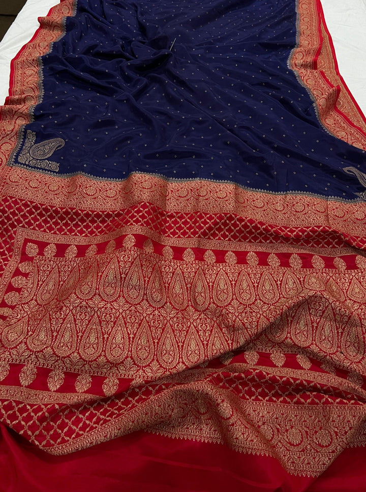 Navy Blue Pure Banarasi Khaddi Crepe Silk Saree - Aura Benaras