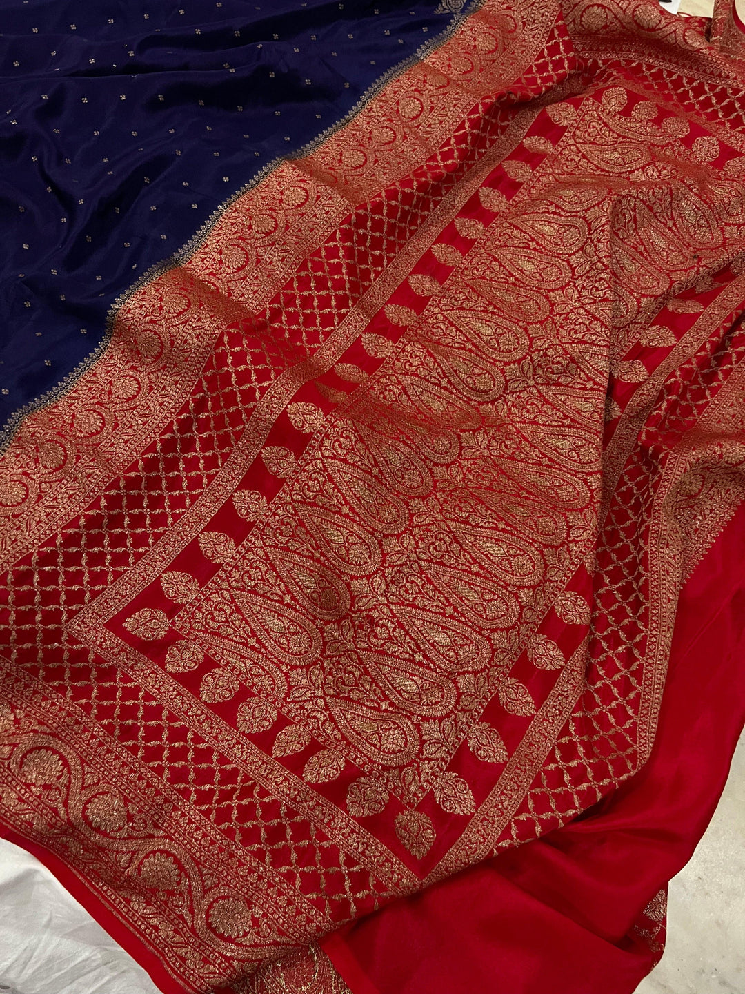 Navy Blue Pure Banarasi Khaddi Crepe Silk Saree - Aura Benaras