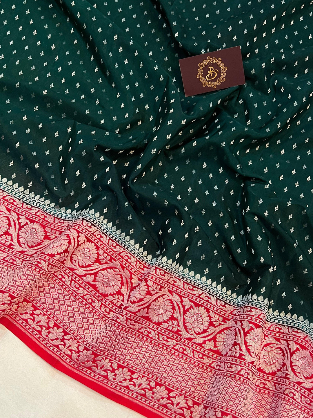 Bottle Green Pure Banarasi Khaddi Crepe Silk Saree - Aura Benaras