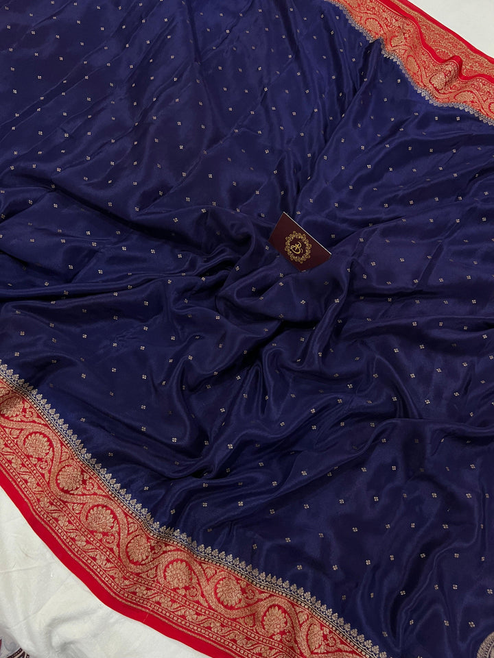 Navy Blue Pure Banarasi Khaddi Crepe Silk Saree - Aura Benaras
