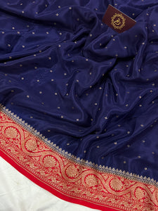 Navy Blue Pure Banarasi Khaddi Crepe Silk Saree - Aura Benaras