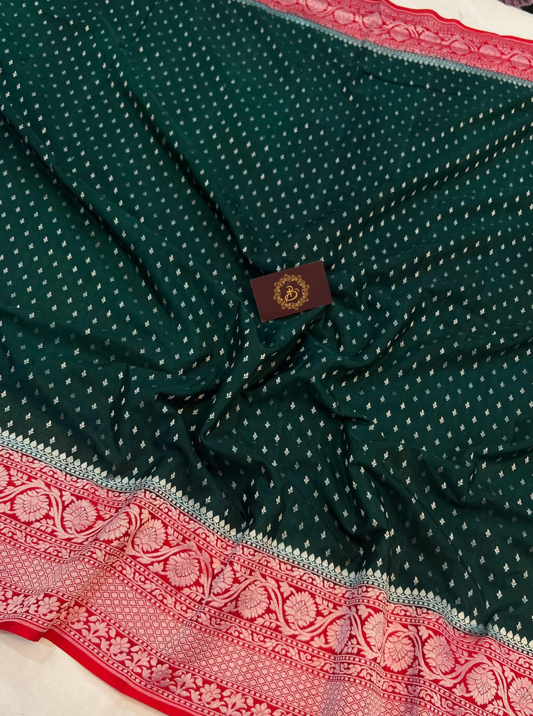 Bottle Green Pure Banarasi Khaddi Crepe Silk Saree - Aura Benaras