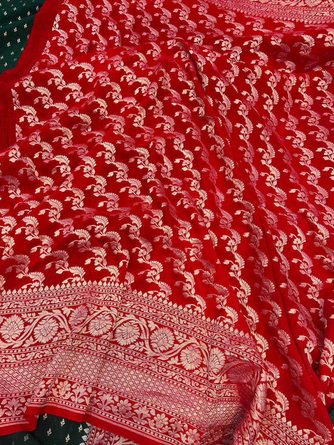 Bottle Green Pure Banarasi Khaddi Crepe Silk Saree - Aura Benaras