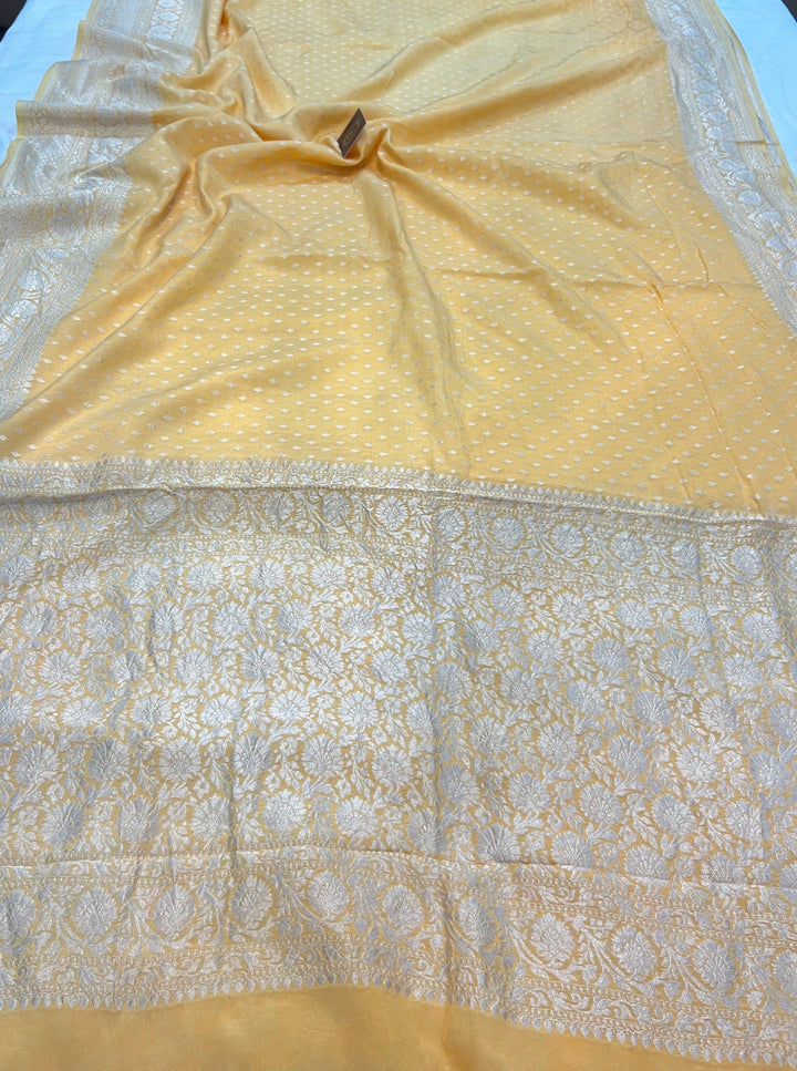 Pastel Yellow Pure Banarasi Khaddi Crepe Silk Saree - Aura Benaras