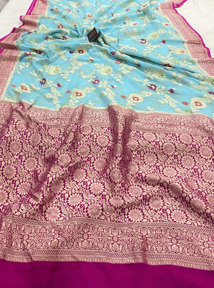 Firozi Blue Banarasi Khaddi Georgette Saree - Aura Benaras
