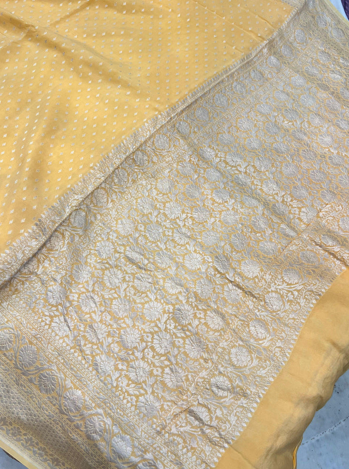 Pastel Yellow Pure Banarasi Khaddi Crepe Silk Saree - Aura Benaras
