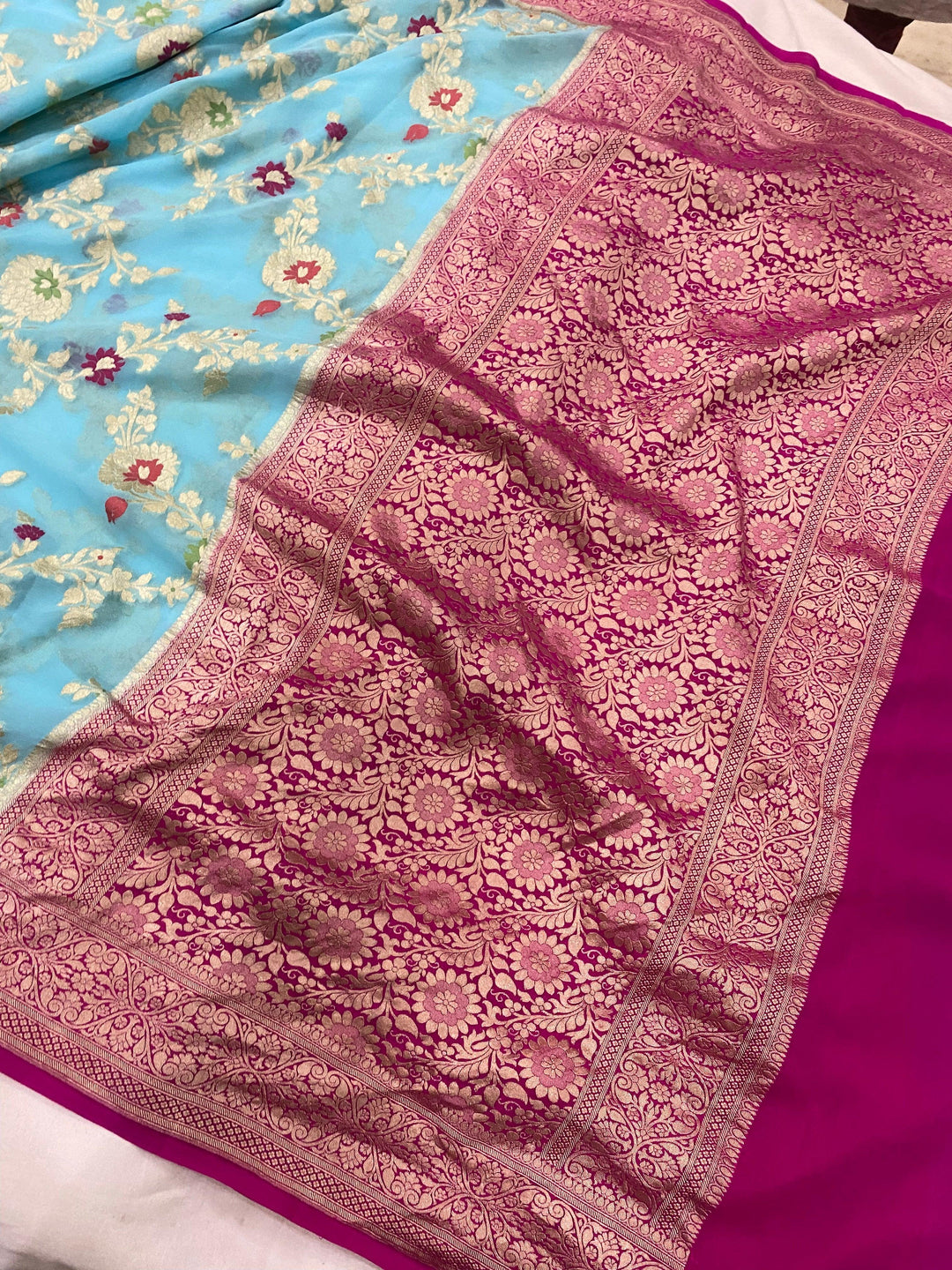 Firozi Blue Banarasi Khaddi Georgette Saree