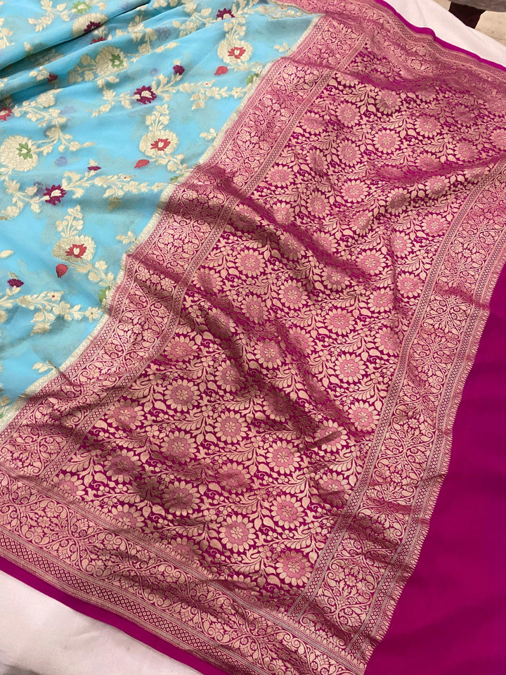 Firozi Blue Banarasi Khaddi Georgette Saree