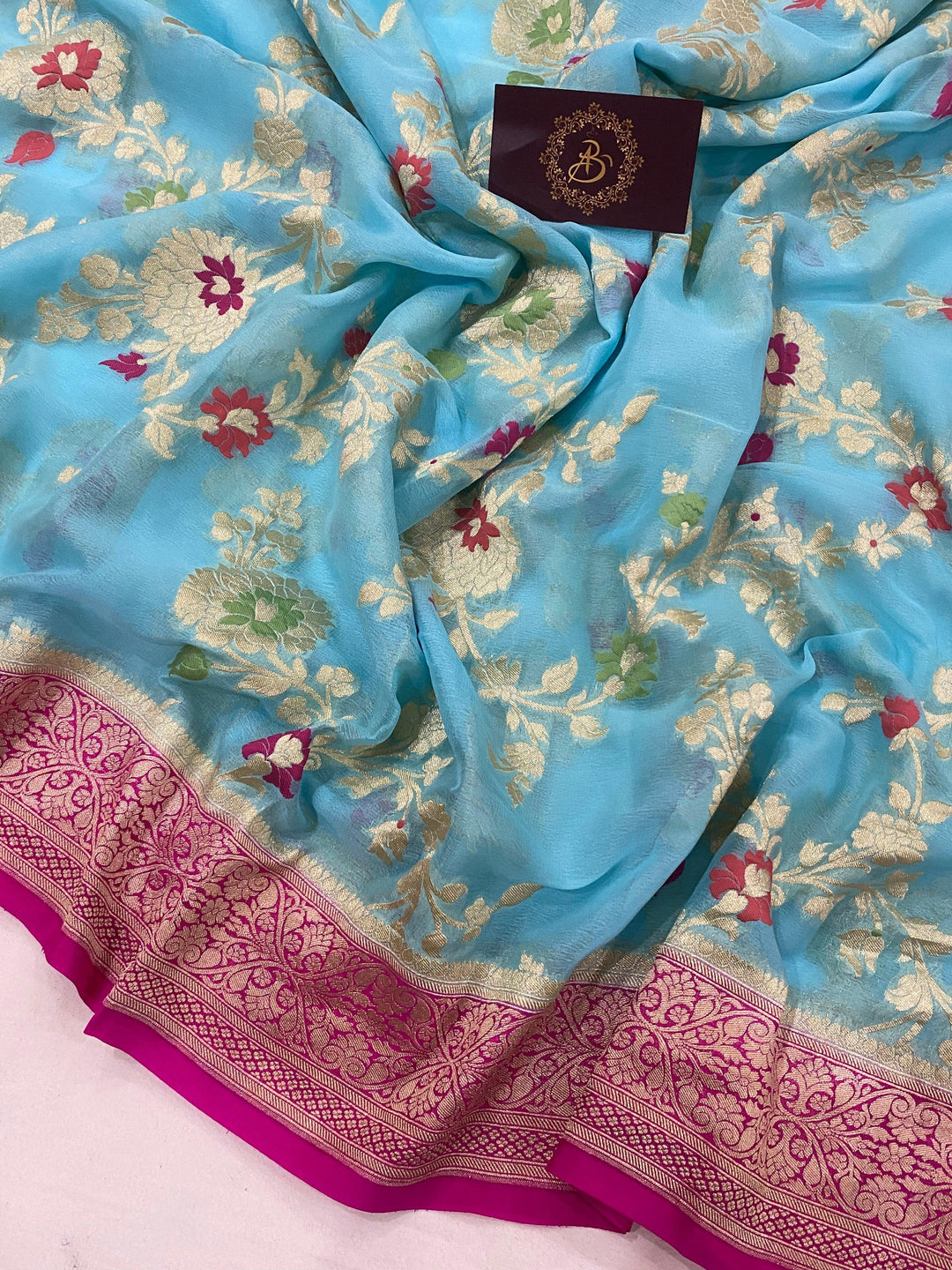 Firozi Blue Banarasi Khaddi Georgette Saree - Aura Benaras