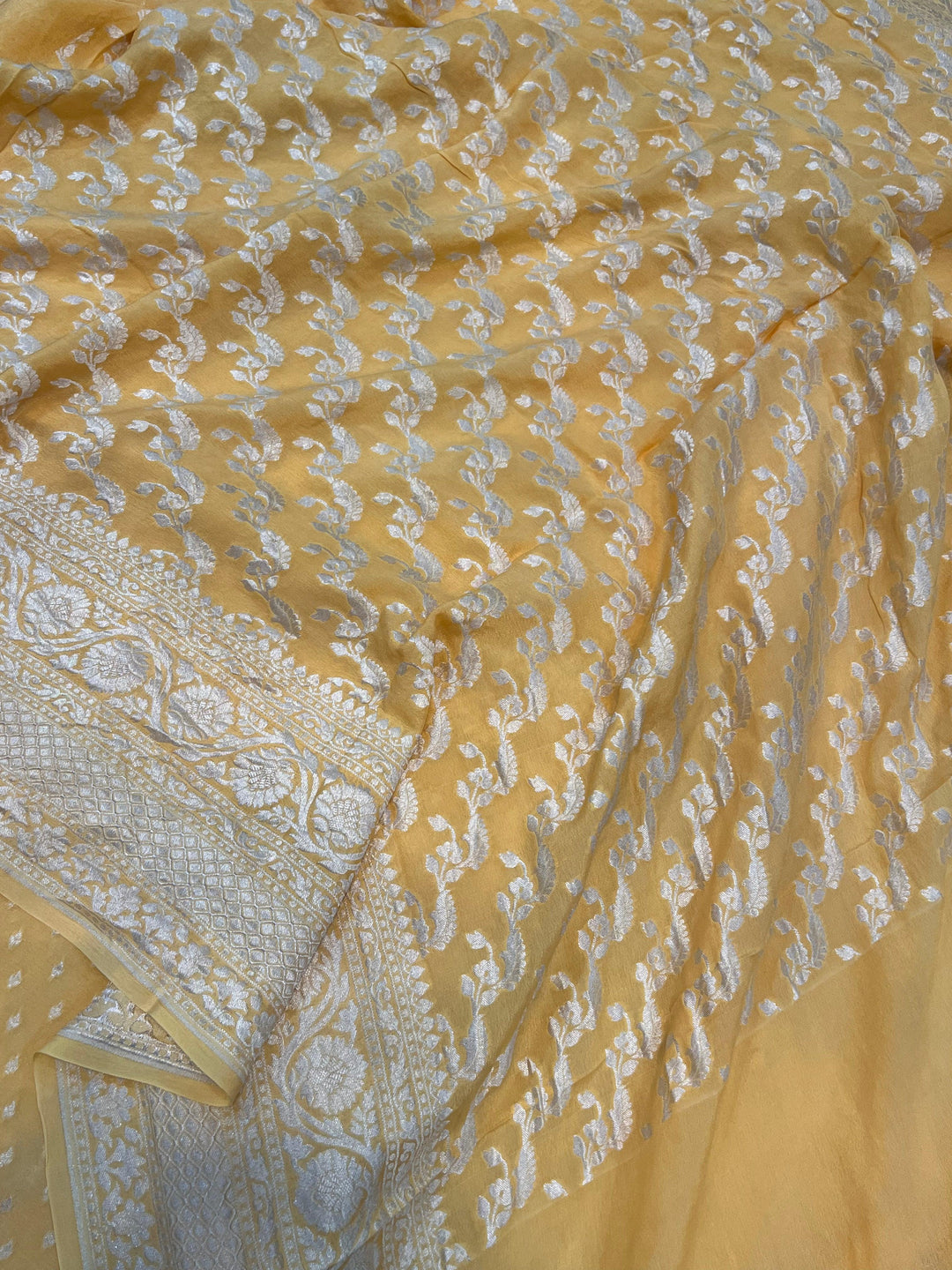Pastel Yellow Pure Banarasi Khaddi Crepe Silk Saree - Aura Benaras