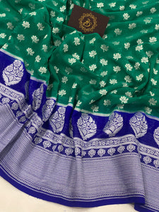 Rama Green Banarasi Handloom Pure Georgette Saree - Aura Benaras
